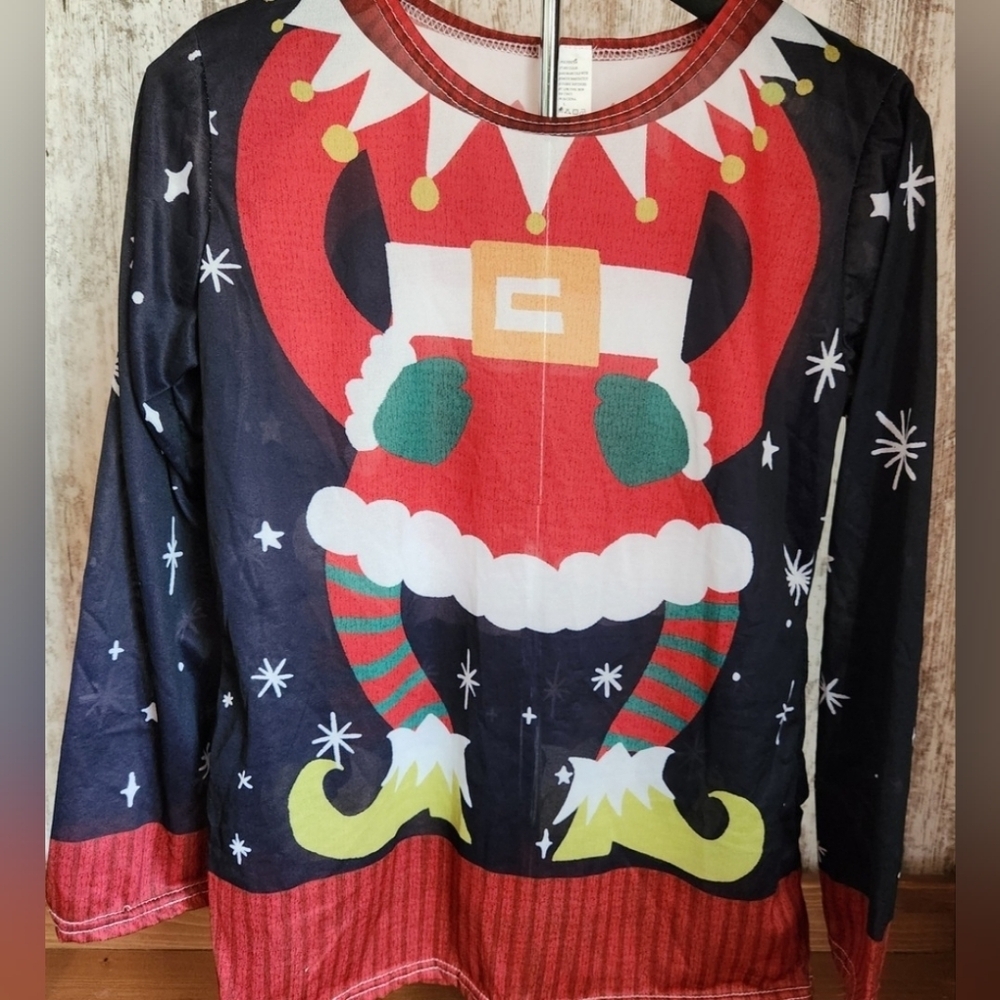Festive Elf Graphic Sheer Shirt Holiday Funny Party Christmas Size L
